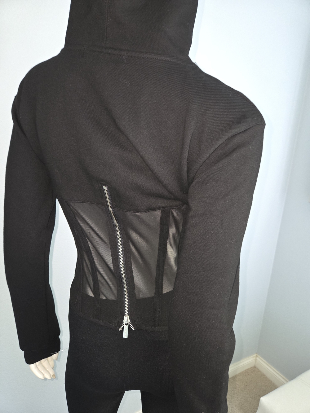 NWOT Maniere De Voir Black Hooded Bomber Jacket with Mesh Back Satin Size 8/S